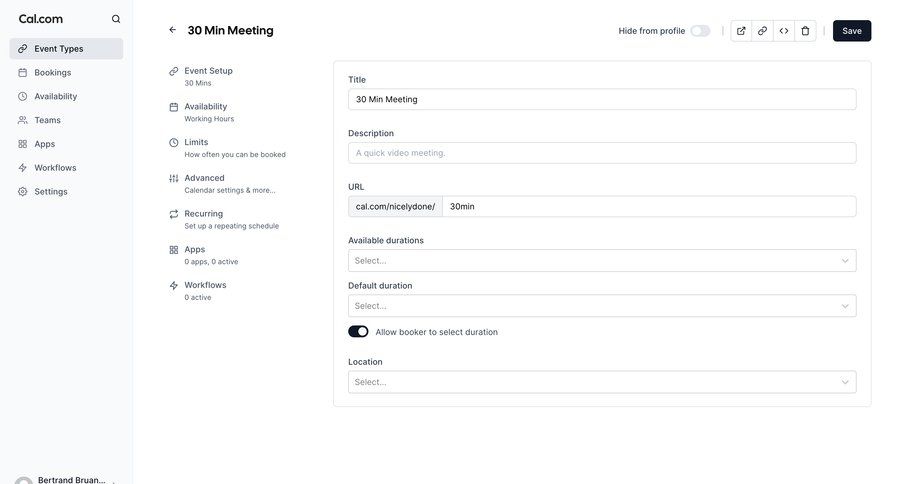 Cal.com
			 configuration sidebar navigation form workflow automation scheduling meetings sidebar meeting time management ui page example