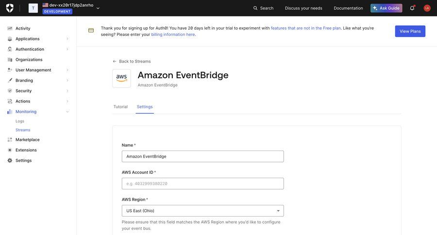 Auth0
			 configuration settings form sidebar integration code snippet event management ui page example