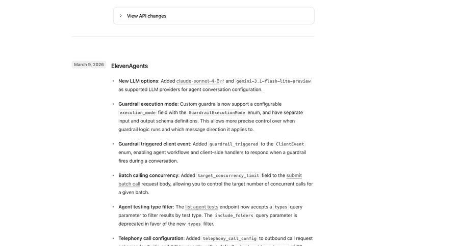 Elevenlabs
			article changelog (product) changelog information state version history ui page example