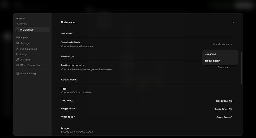 Flora
			 configuration settings account management user settings workspace settings modal dialog workspace management user account minimalist design hierarchical navigation sidebar ai model selection ui page example