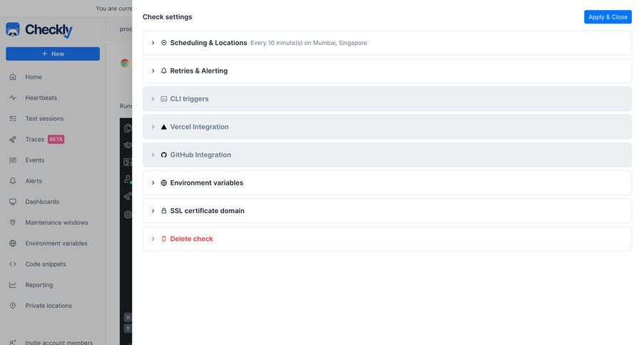 Checkly
			 configuration settings expandable sections monitoring accordion settings modal ui page example