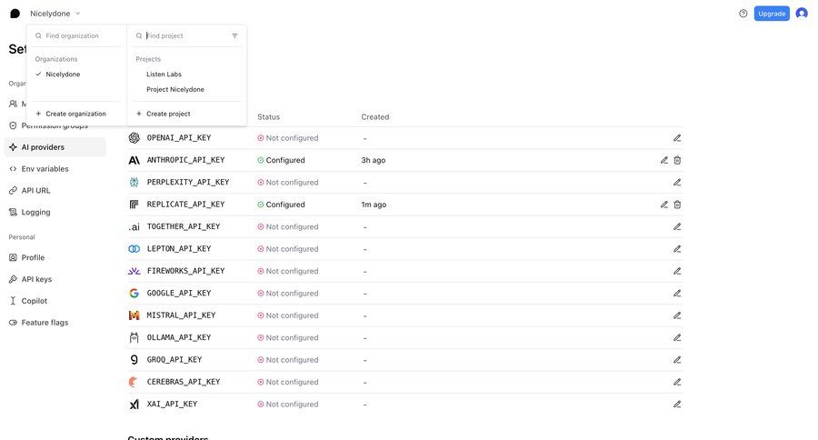 Braintrust
			 configuration settings artificial intelligence user account api management sidebar create menu table ui page example