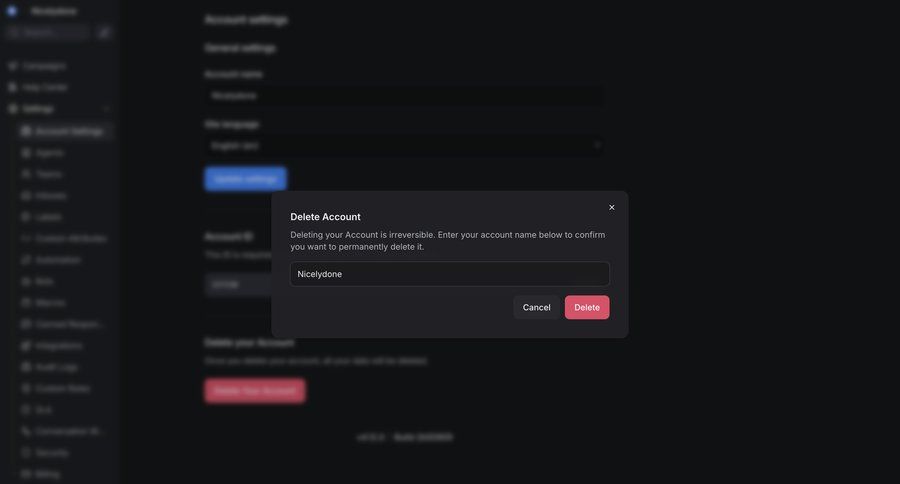 Chatwoot
			 account deletion ui page example
