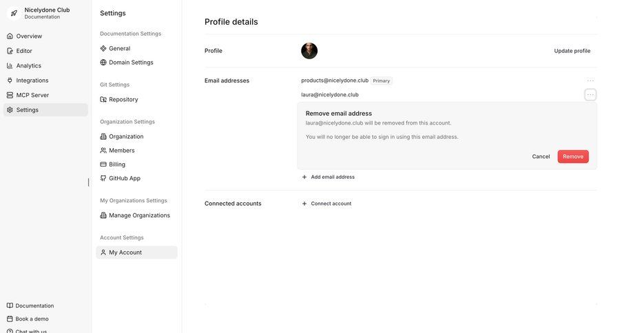 Documentation.AI
			 settings sidebar navigation account management account settings email management profile management cancel action sidebar user profile modern organization settings ui page example