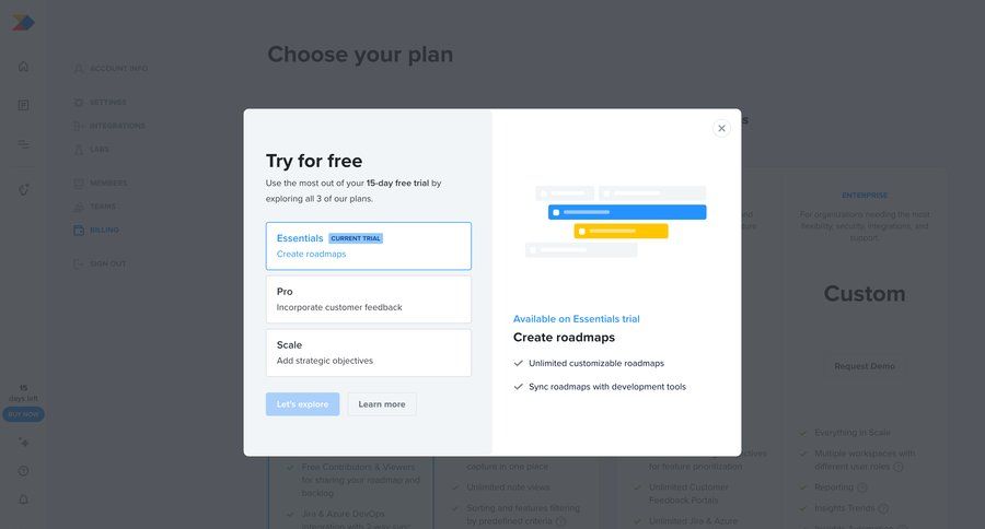 Productboard
			 price free trial payment options account setup subscription management plan comparison paywall user role upgrade modal pay premium trial onboarding product packages ui page example