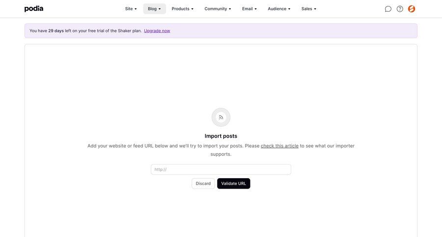 Podia
			import blog content management e-commerce onboarding form import data free trial wizard data import import file import tool import wizard file picker ui page example