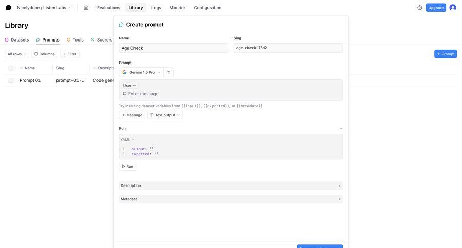 Braintrust
			 configuration artificial intelligence form code editing create filter ui code snippet ui page example