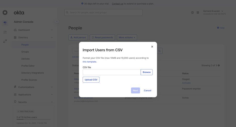 Okta
			 user management trial banner bulk upload ui page example