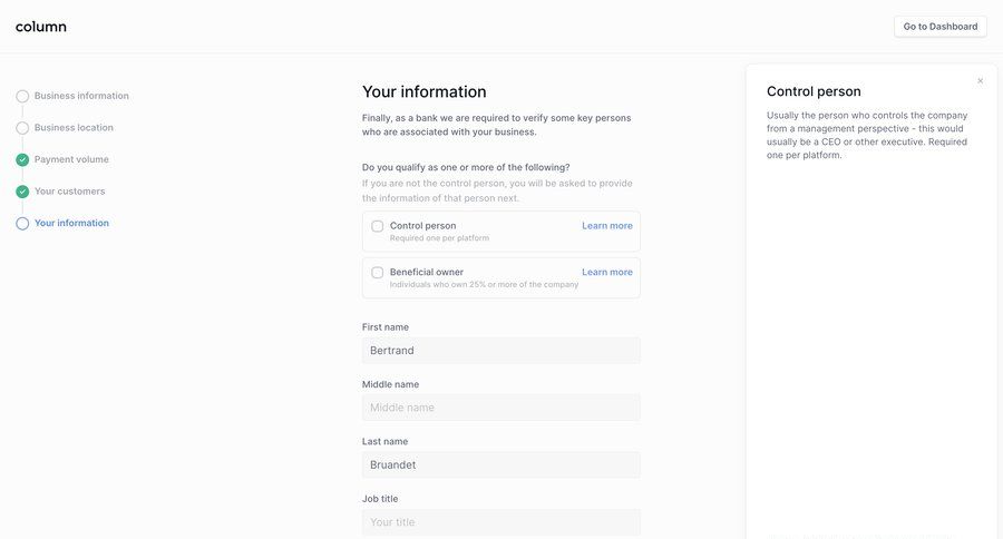 Column
			popover account setup modal screen form account setup finance modal dialog account creation form layout data entry user data contextual help ui page example