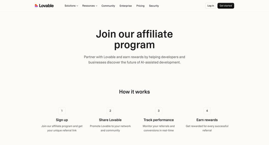 Lovable
			 affiliate program ui page example