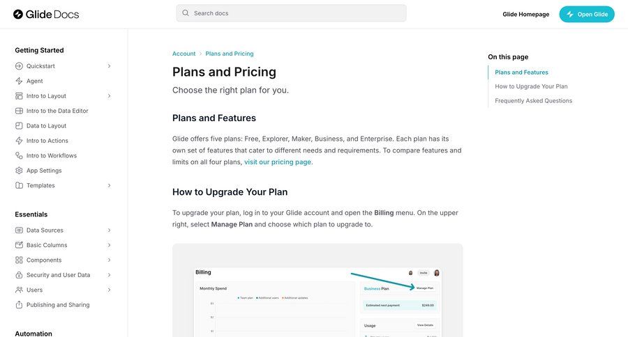 Glide
				plans & pricing (in app) ui page example