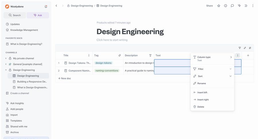 Slite
			 collaboration delete document editing table headers menu table ui page example