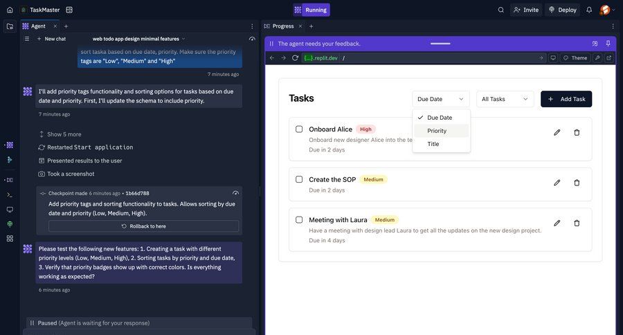 Replit
			 task management project management dropdown filters lists sorting filters date filter version control controls ui page example