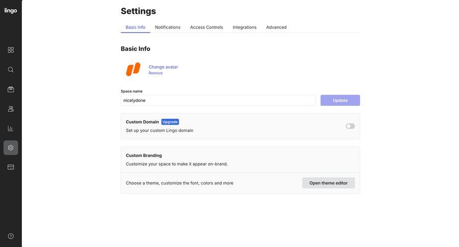 Lingo
			 configuration settings sidebar navigation account management onboarding form account setup account settings full-screen layout ui page example