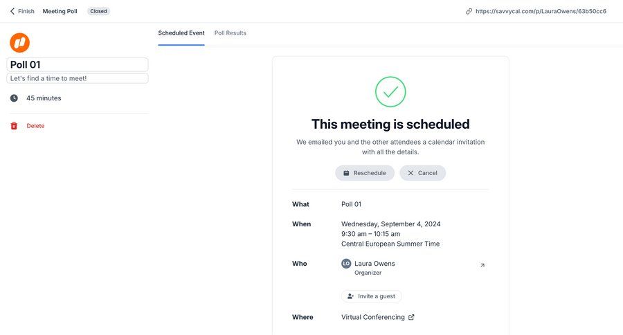 SavvyCal
			 confirmation confirmation screen meeting confirmation message time management event management ui page example