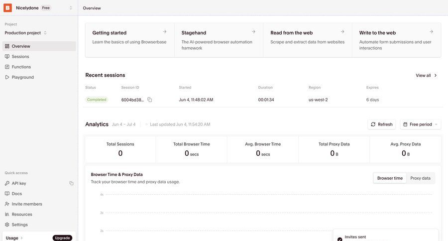 Browserbase
			 recent activity project dashboard ui page example