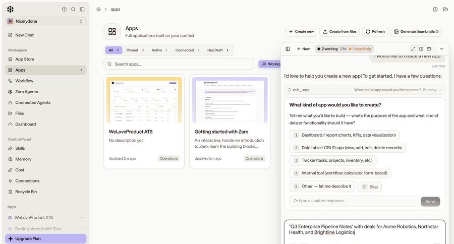 Zaro
			 conversational ui ui page example