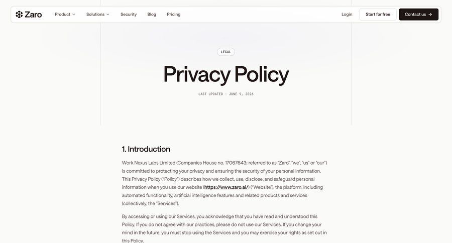 Zaro
			privacy policy gdpr compliance ui page example