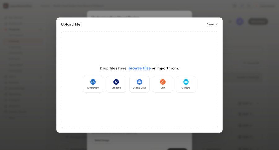 Kajabi
			 grid file upload file management drag and drop upload image file upload modal drag & drop file uploader upload file upload media upload documents image gallery file picker ui page example