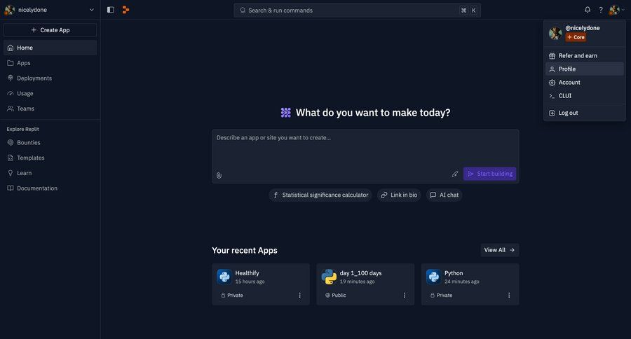 Replit
			 collaboration dashboard sidebar navigation project management account management project creation create generate home page menu card layout ui page example