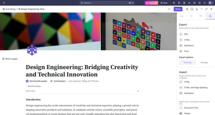 ClickUp
			import article export modal screen design import data document management content sharing wizard sidebar data import import file import tool import wizard news article importing data file picker markdown editor ui page example