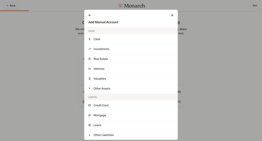 Monarch
			 modal screen account management onboarding form account setup finance modal dialog setup on boarding assets ui page example