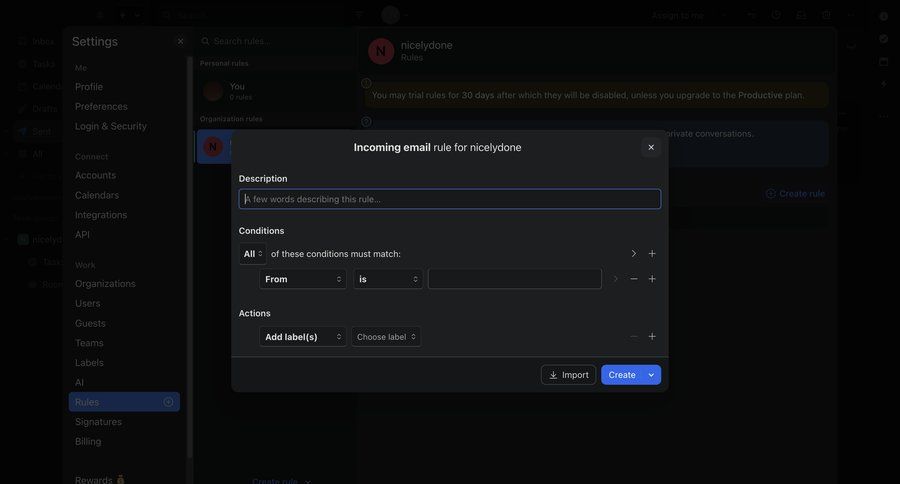 Missive
			 conditional logic workflow automation automation setup settings modal ui page example