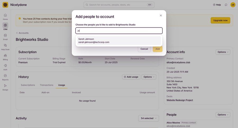 Outseta
			 user management account management form account settings autocomplete search results ui page example