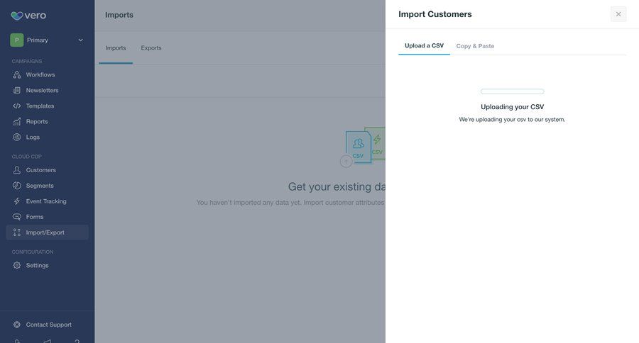 Vero
			 data management progress indicator import data file upload file upload modal wizard sidebar data import import file import tool import wizard upload file progress progress bar importing data file picker ui page example