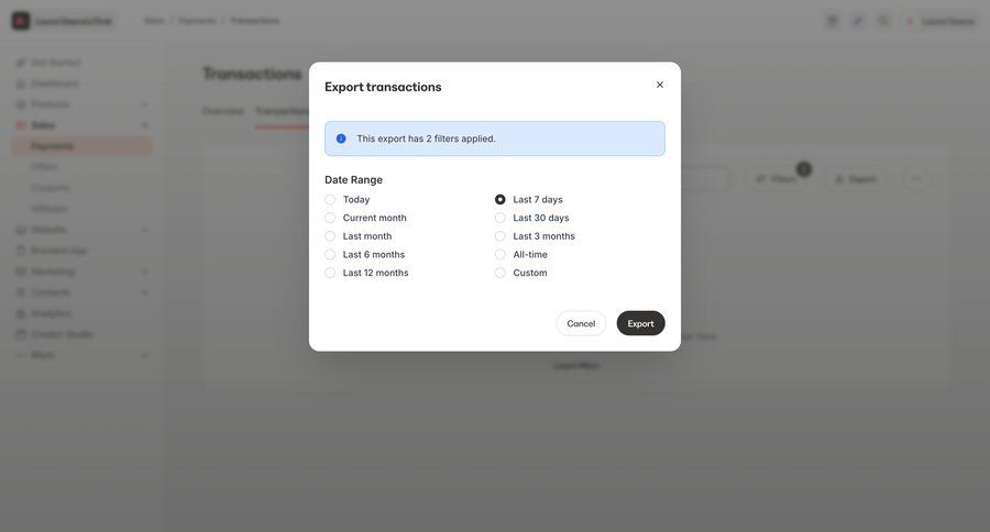 Kajabi
			modal & popover export modal screen data management e-commerce form data export export modal dialog data filtering financial reporting alert transaction history ui page example