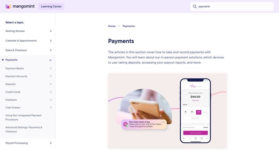 Mangomint
				support / help center ui page example