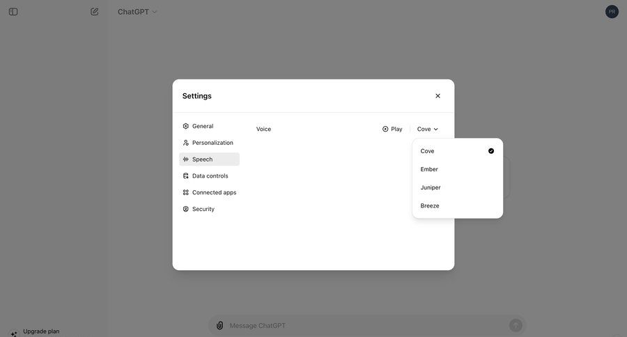 ChatGPT
			 settings artificial intelligence upgrade modal menu voice settings modal ui page example
