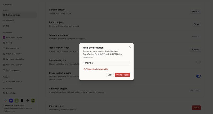 Lovable
			 settings project management confirmation modal dialog confirmation screen alert ui page example