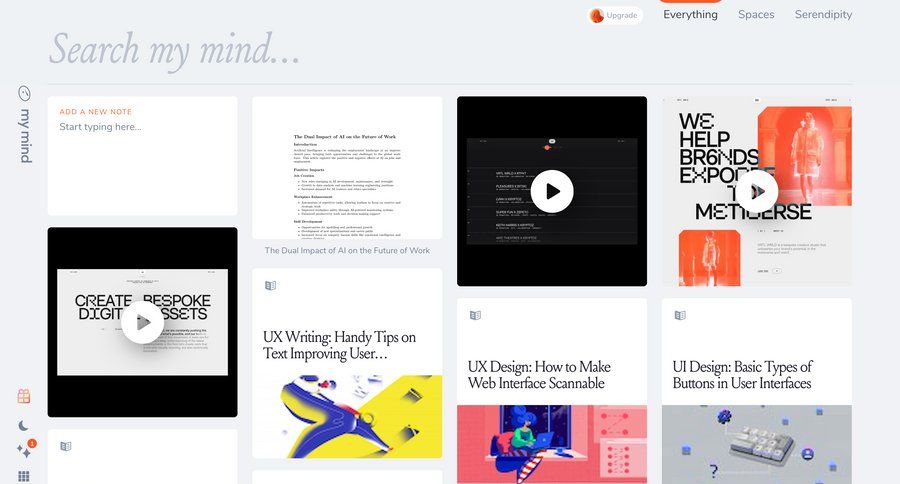 Mymind
			article gallery design editor dashboard sidebar navigation grid design note creation sidebar editorial blog post news article article image gallery media gallery photo gallery feature article mobile media assets filter ui dark ui modern search bar dashboard layouts global search data grid order tracking news feed option menu ui page example