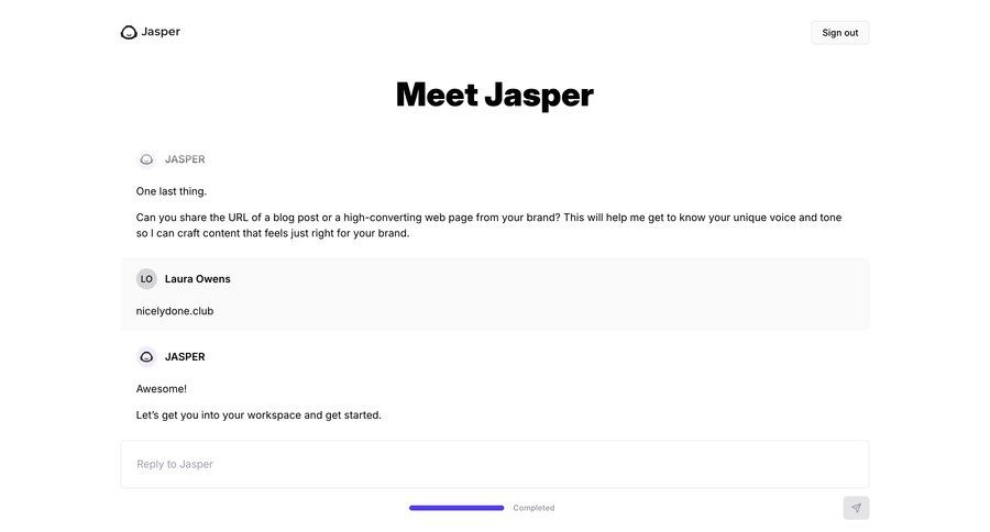 Jasper
			 artificial intelligence onboarding chat progress bar chat interface ui page example