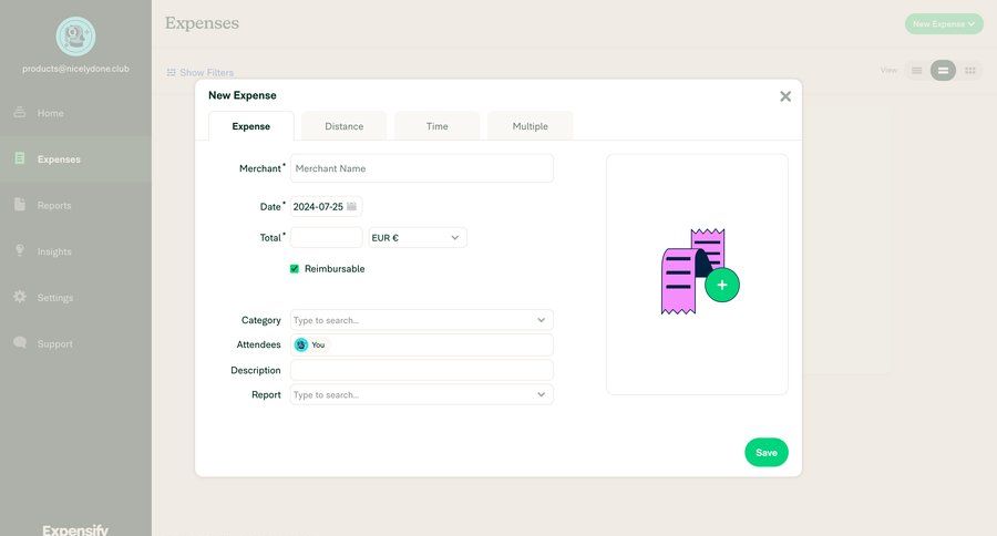 Expensify
			 sidebar navigation form finance attachment expense management modal finance date picker ui page example
