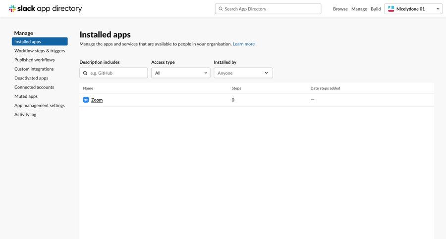 Slack
			 configuration sidebar navigation application management dropdown filters sidebar integration table chatbot ui page example