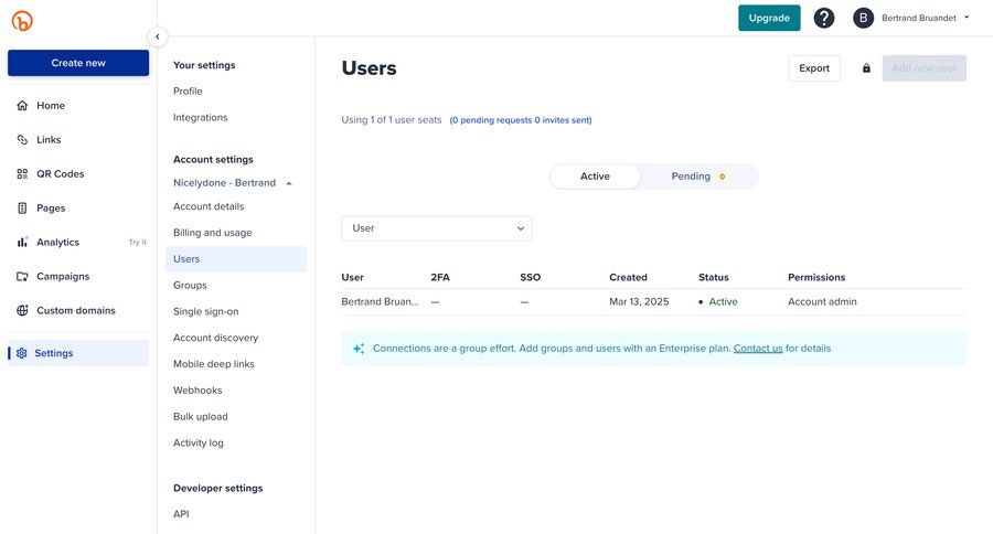 Bitly
			 settings sidebar navigation user management account setup account settings bulk upload dropdown filters user permissions table enterprise settings ui page example