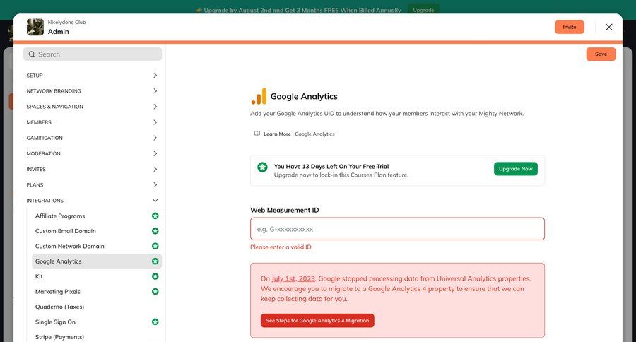 Mighty
			 configuration settings sidebar navigation onboarding form integration setup free trial alert setup documentation analytics ui page example