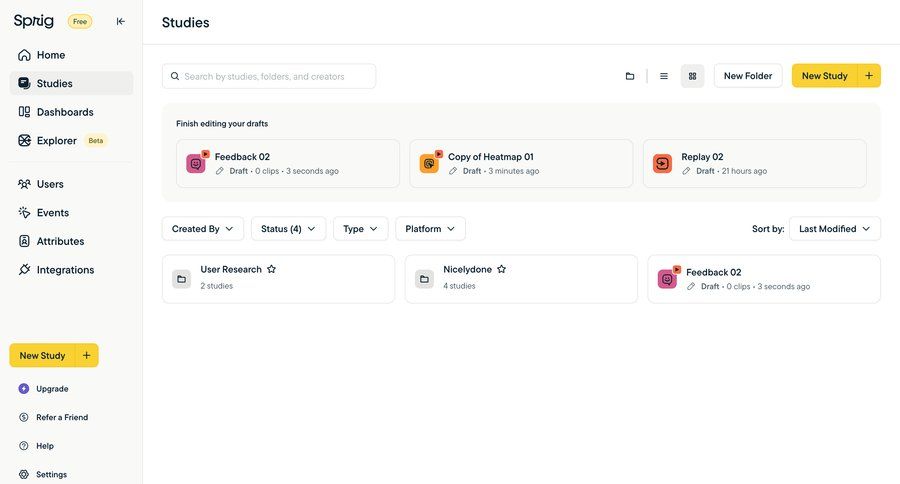 Sprig
			 sidebar navigation grid user research data analysis dropdown filters sidebar create research menu sorting filters modern search bar controls ui page example