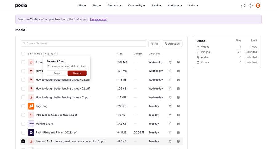 Podia
			 content management delete file upload file management trial banner free trial bulk delete lists table ui page example