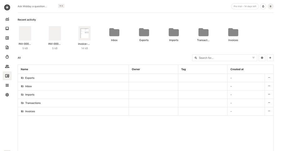 Midday
			 grid finance document management file management file organization file list screen data display recent activity table search bar ui page example