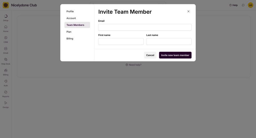 Outseta
			 modal screen settings sidebar navigation user management onboarding form account setup modal dialog user invitation ui page example