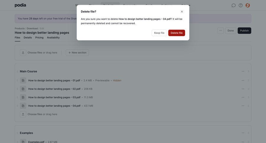 Podia
			 content management confirmation file management file upload modal file uploader download file upload ui confirmation message ui page example