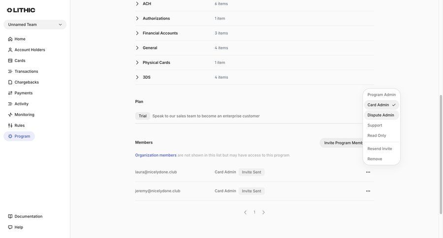 Lithic
			settings list dropdown & other states team user permissions ui page example
