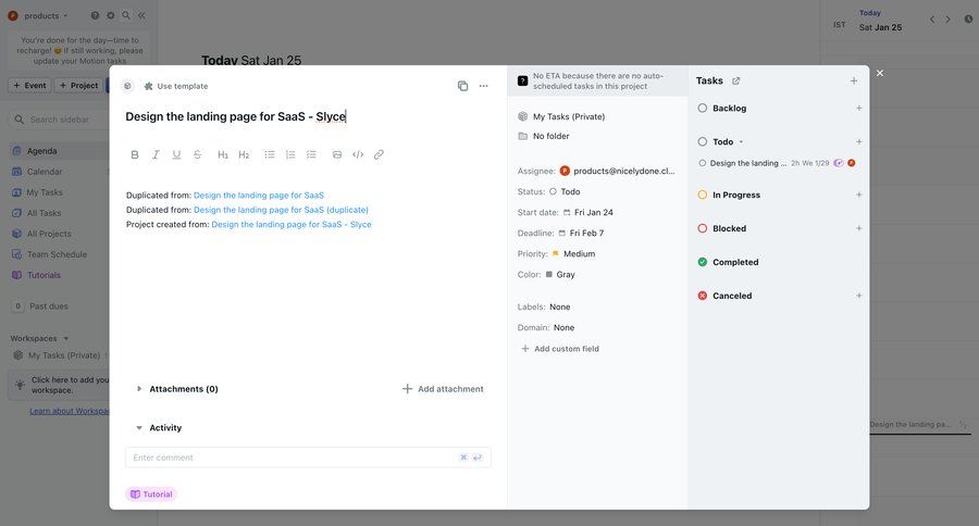 Motion
			 task management project management form project setup project creation attachment sidebar product details information page detail view item details info view menu task management dashboard duplicate ui page example