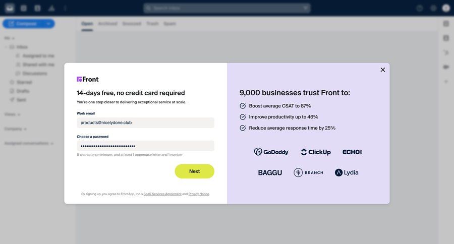 Front
				landing page page example