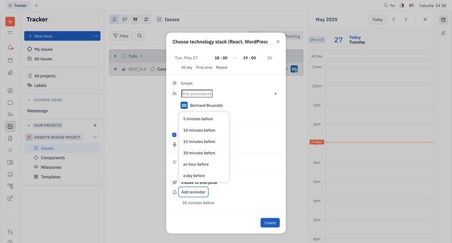 Huly
			 task management sidebar navigation project management form scheduling an event calendar screen sidebar time picker ui page example