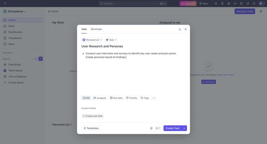 ClickUp
			 task management sidebar navigation project management form user research sidebar menu modern ui page example