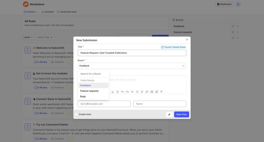 FeatureOS
			 modal screen content management form feedback collection ui page example